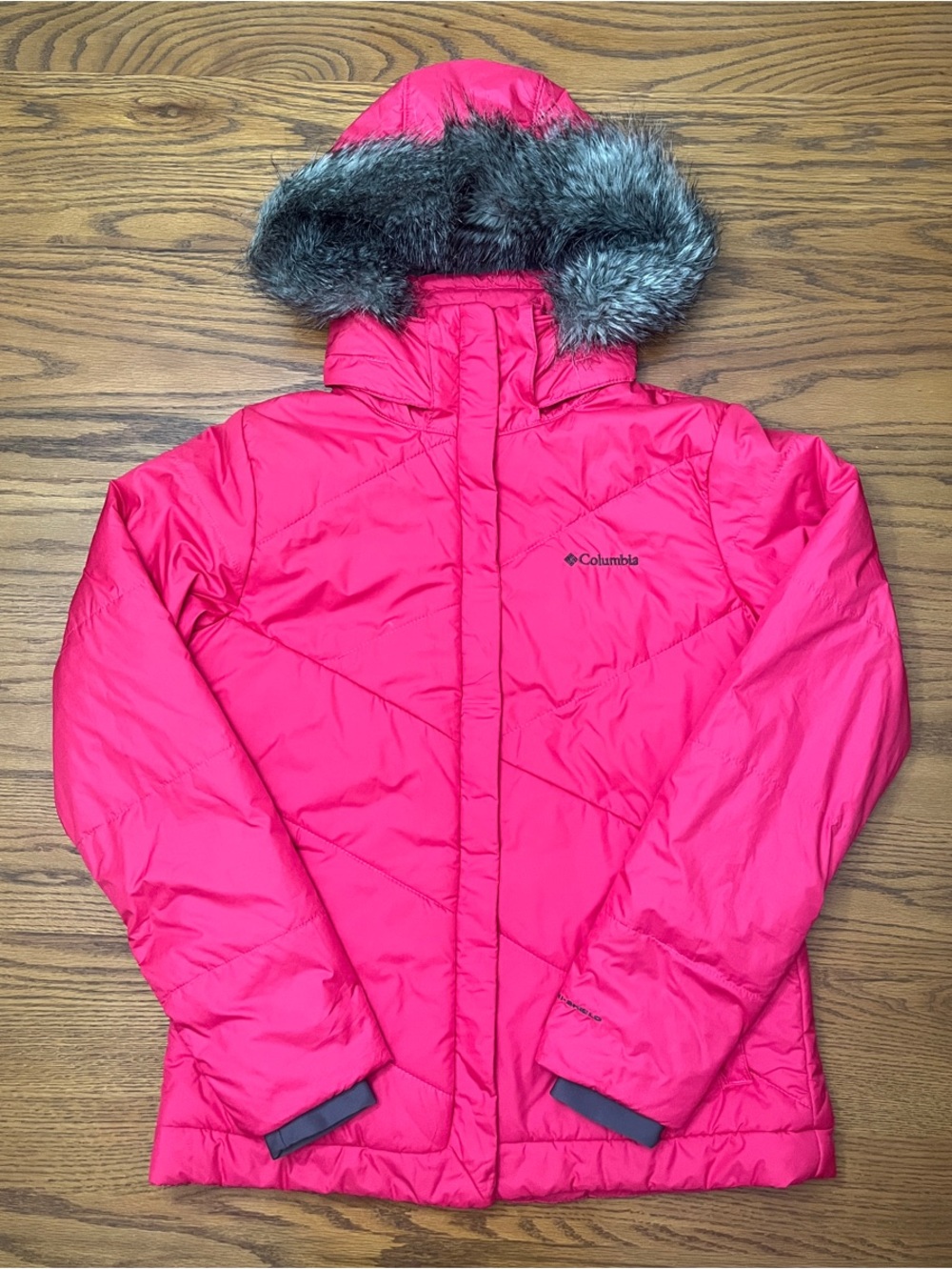 Columbia Hot Pink Hooded Puffer with Faux Fur Trim